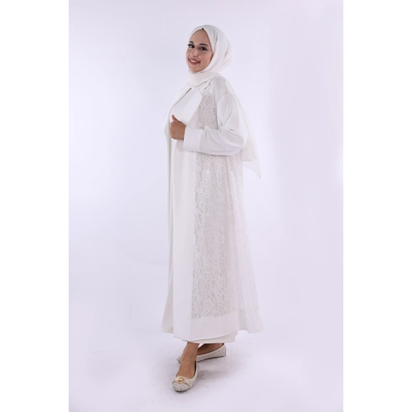 Yakalı Dantel Güpür Detay Abaya 7830 Ekru