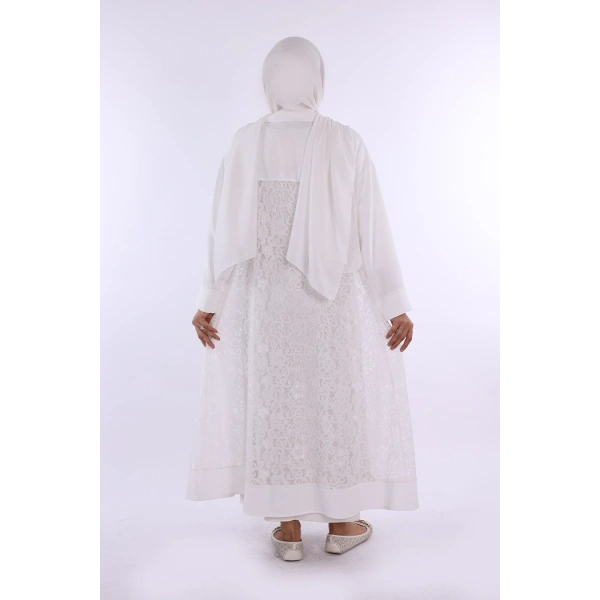 Yakalı Dantel Güpür Detay Abaya 7830 Ekru