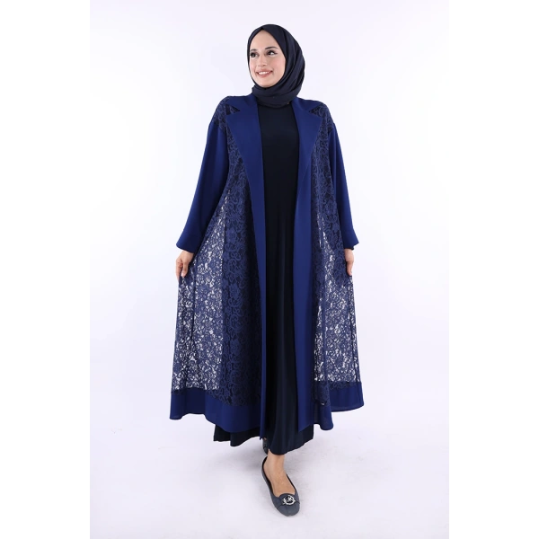 Yakalı Dantel Güpür Detay Abaya 7830 Lacivert