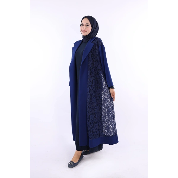 Yakalı Dantel Güpür Detay Abaya 7830 Lacivert