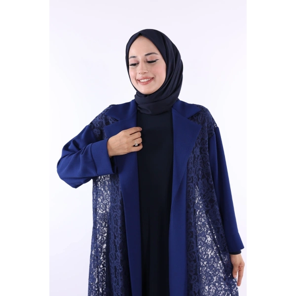 Yakalı Dantel Güpür Detay Abaya 7830 Lacivert