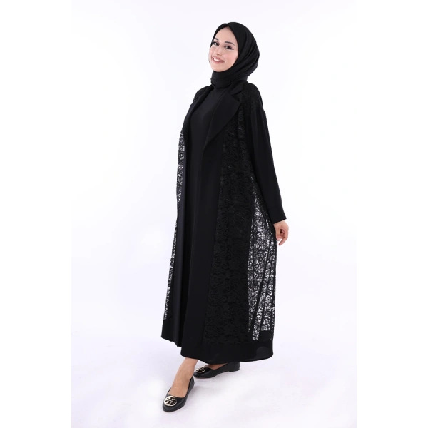 Yakalı Dantel Güpür Detay Abaya 7830 Siyah
