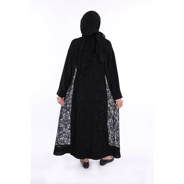 Yakalı Dantel Güpür Detay Abaya 7830 Siyah