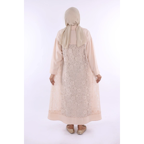 Yakalı Dantel Güpür Detay Abaya 7830 Taş