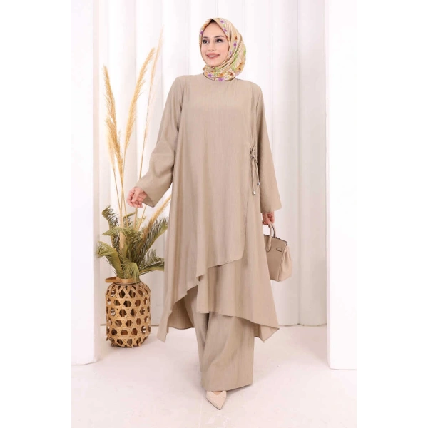 Yandan Bağlamalı Tunik Pantolon Takım 8008 Vizon