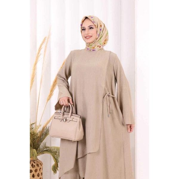 Yandan Bağlamalı Tunik Pantolon Takım 8008 Vizon