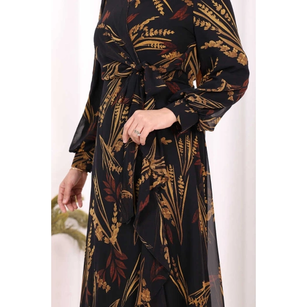 Yaprak Desen Fırfır Detay Şifon Elbise 3842 Siyah