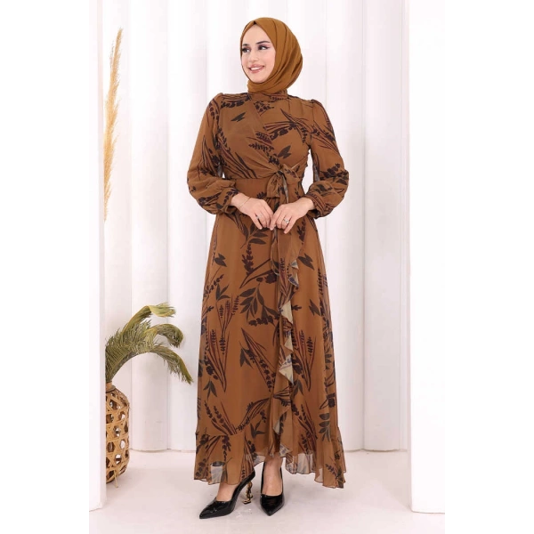 Yaprak Desen Fırfır Detay Şifon Elbise 3842 Taba