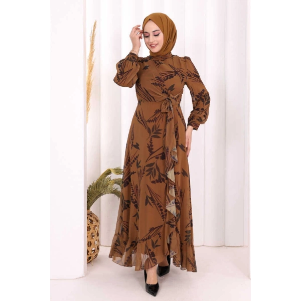 Yaprak Desen Fırfır Detay Şifon Elbise 3842 Taba