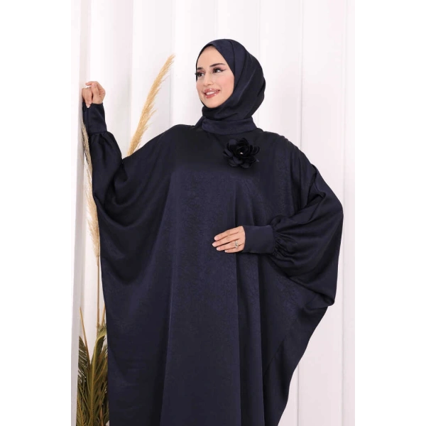 Yarasa Kol Saten Elbise  ŞAL  HEDİYE 7054 Lacivert