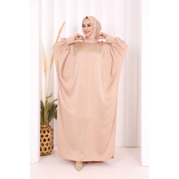 Yarasa Kol Saten Elbise  ŞAL  HEDİYE 7054 Vizon