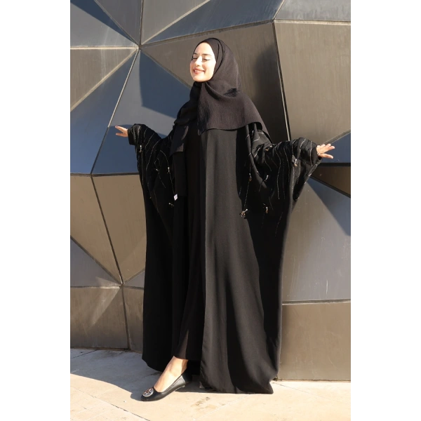 Yarasakol İşleme Detaylı Abaya 70012 Siyah