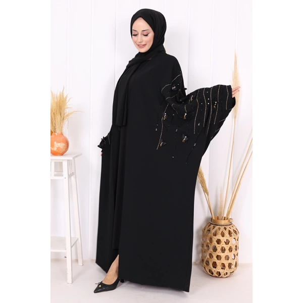 Yarasakol İşleme Detaylı Abaya 70012 Siyah-Gold