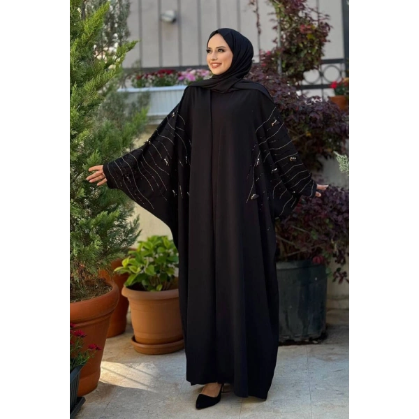 Yarasakol İşleme Detaylı Abaya 70012 Siyah-Gold
