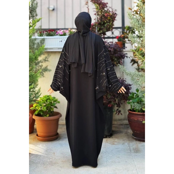 Yarasakol İşleme Detaylı Abaya 70012 Siyah-Gold