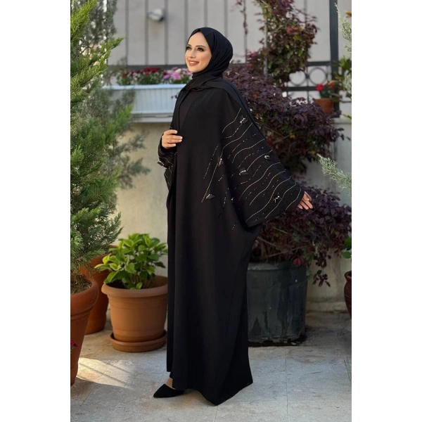 Yarasakol İşleme Detaylı Abaya 70012 Siyah-Gold