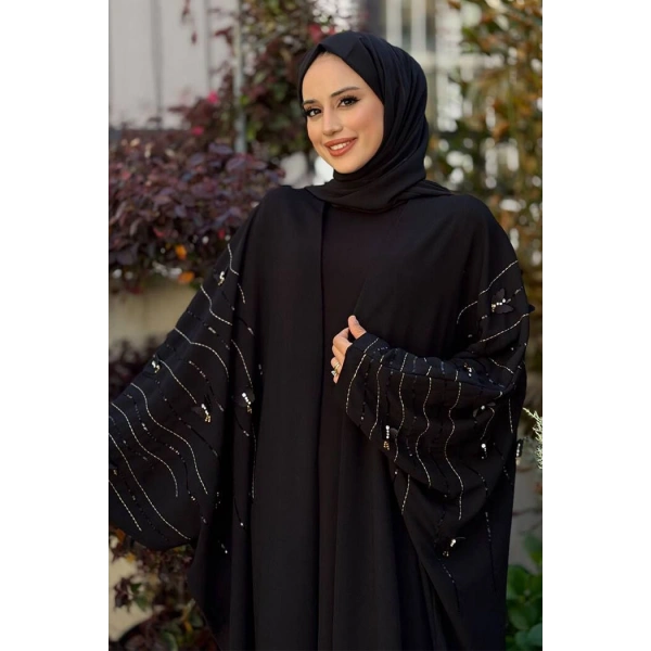 Yarasakol İşleme Detaylı Abaya 70012 Siyah-Gold