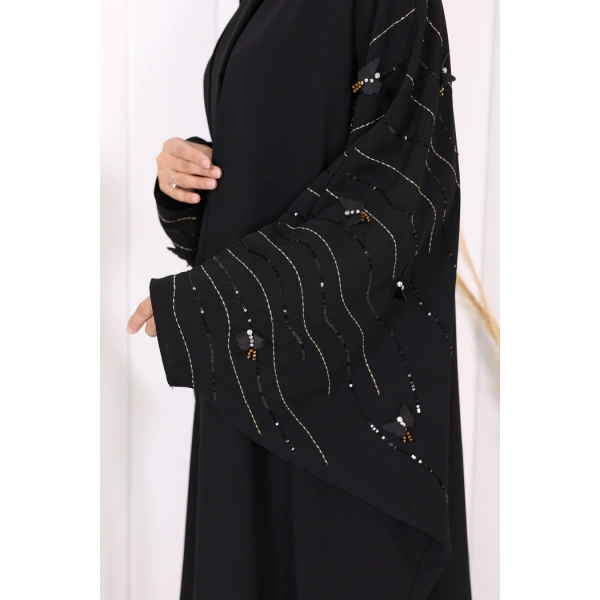 Yarasakol İşleme Detaylı Abaya 70012 Siyah-Gold