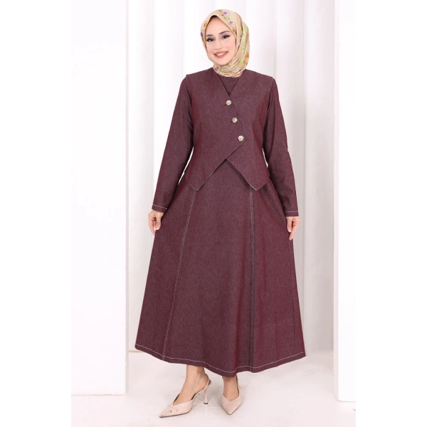 Yelekli Denim Elbise 6081 Bordo