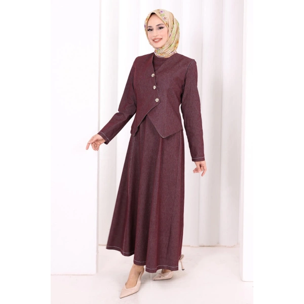 Yelekli Denim Elbise 6081 Bordo