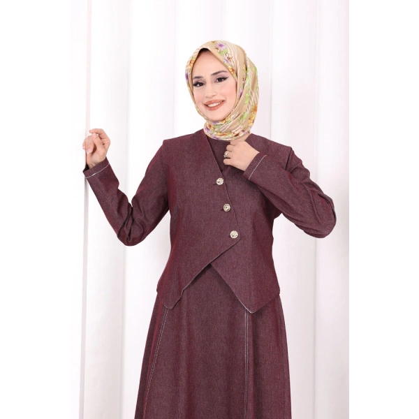 Yelekli Denim Elbise 6081 Bordo