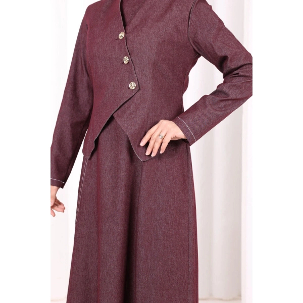 Yelekli Denim Elbise 6081 Bordo
