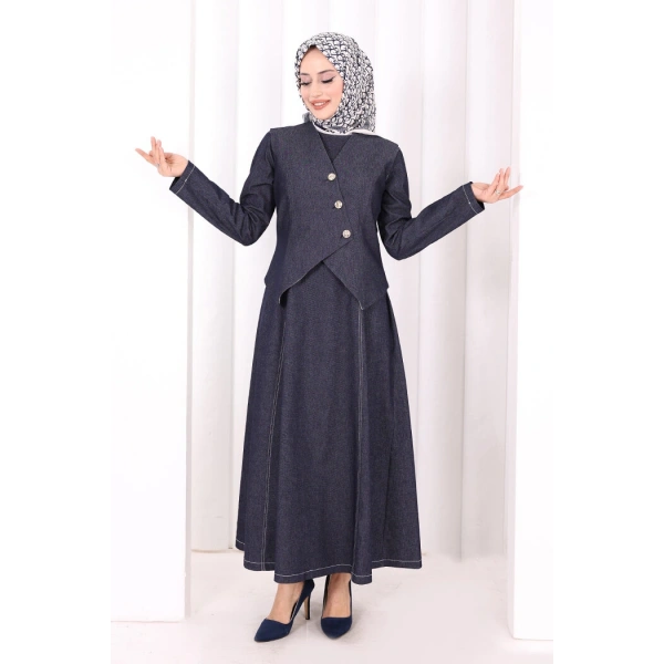 Yelekli Denim Elbise 6081 Lacivert