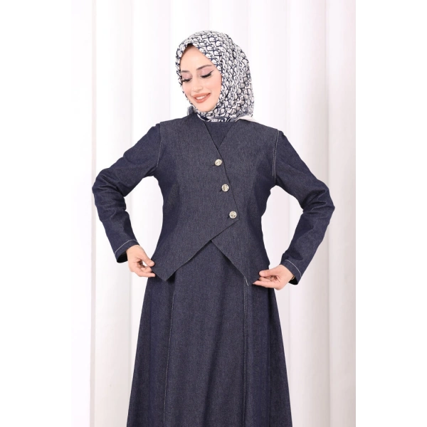 Yelekli Denim Elbise 6081 Lacivert
