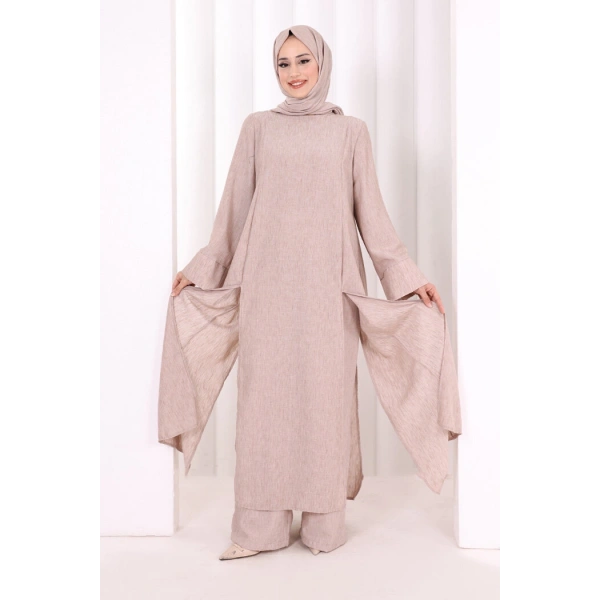 Yırtmaçlı Tunik Üçlü Takım 8035 Somon