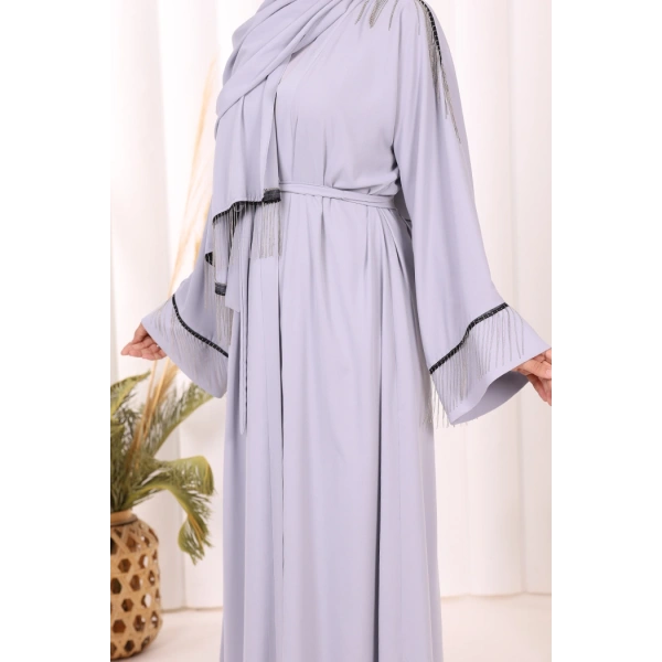 Zincir Püskül Detay  Abaya ŞAL HEDİYE  7887 Gri