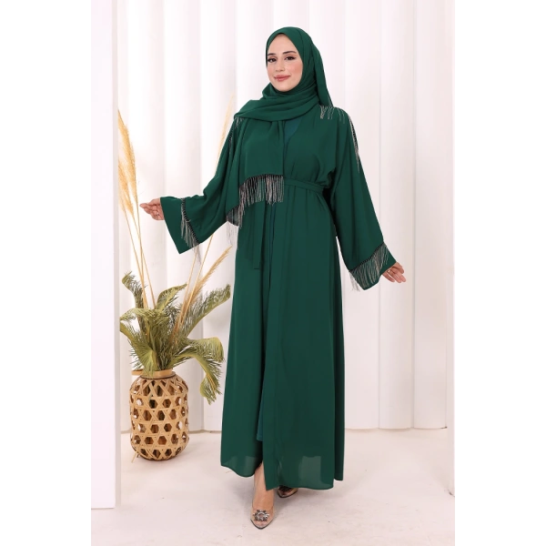Zincir Püskül Detay  Abaya ŞAL HEDİYE  7887 Zümrüt