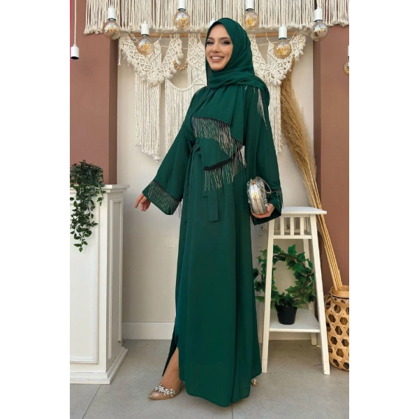Zincir Püskül Detay  Abaya ŞAL HEDİYE  7887 Zümrüt