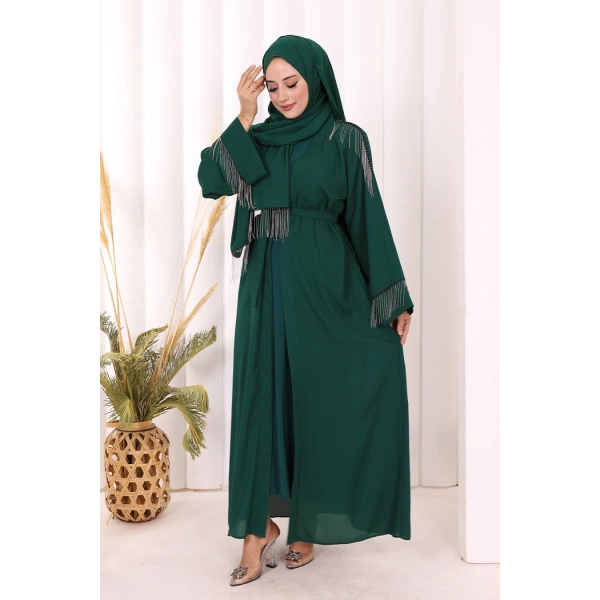 Zincir Püskül Detay  Abaya ŞAL HEDİYE  7887 Zümrüt