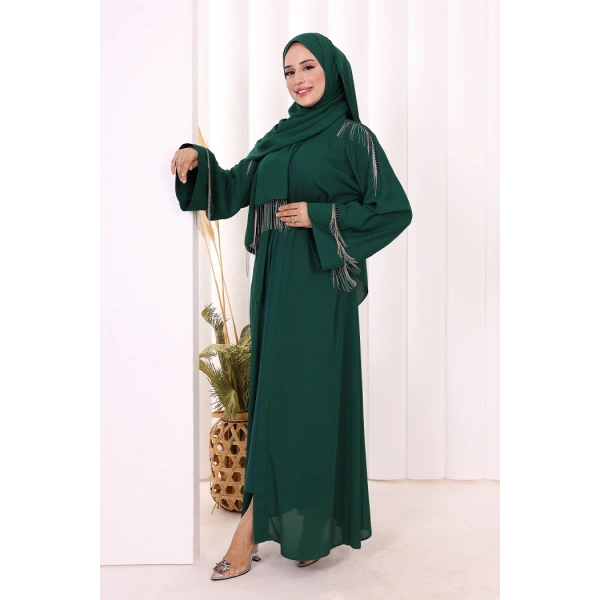 Zincir Püskül Detay  Abaya ŞAL HEDİYE  7887 Zümrüt