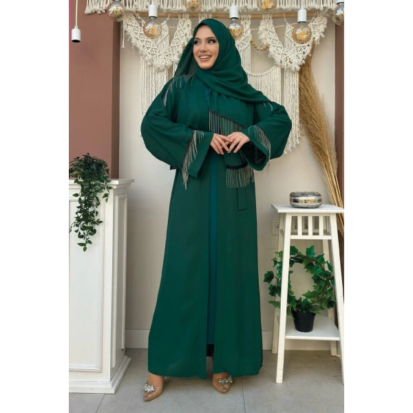 Zincir Püskül Detay  Abaya ŞAL HEDİYE  7887 Zümrüt