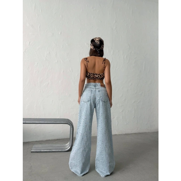 Açık Mavi Distressed Geniş Paça Palazzo Kot Pantolon