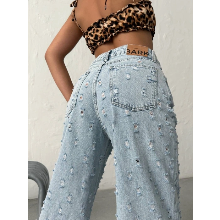 Açık Mavi Distressed Geniş Paça Palazzo Kot Pantolon