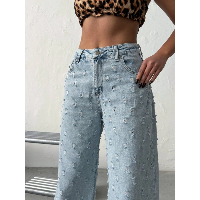 Açık Mavi Distressed Geniş Paça Palazzo Kot Pantolon