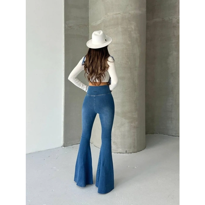 Açık Mavi İspanyol Paça Yüksek Bel Jean Tayt