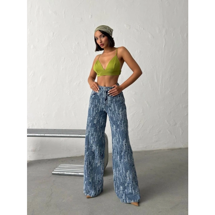 Açık Mavi Yıkamalı Desenli Wide Leg Jean Pantolon