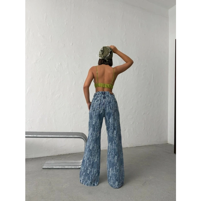 Açık Mavi Yıkamalı Desenli Wide Leg Jean Pantolon