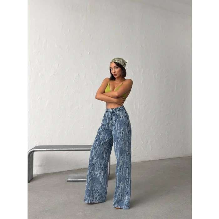 Açık Mavi Yıkamalı Desenli Wide Leg Jean Pantolon