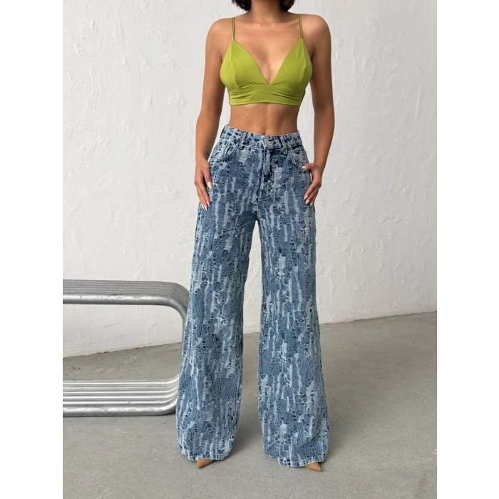 Açık Mavi Yıkamalı Desenli Wide Leg Jean Pantolon