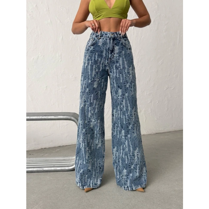 Açık Mavi Yıkamalı Desenli Wide Leg Jean Pantolon