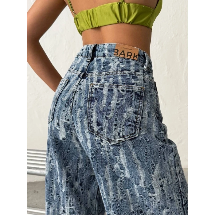 Açık Mavi Yıkamalı Desenli Wide Leg Jean Pantolon