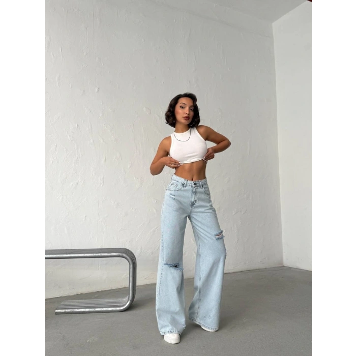 Açık Mavi Yırtık Detaylı Wide Leg Jean Pantolon