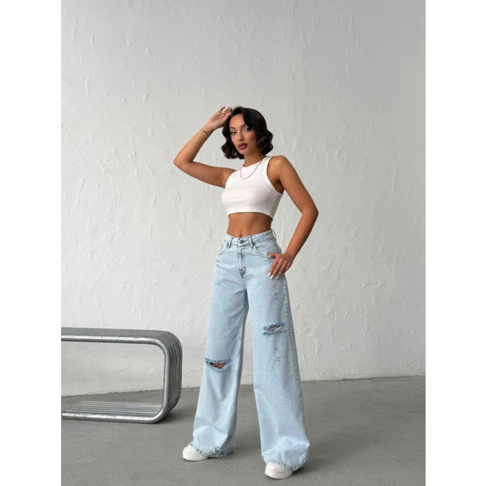 Açık Mavi Yırtık Detaylı Wide Leg Jean Pantolon