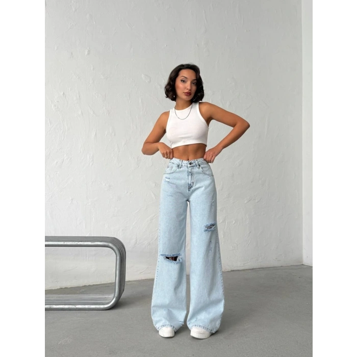 Açık Mavi Yırtık Detaylı Wide Leg Jean Pantolon