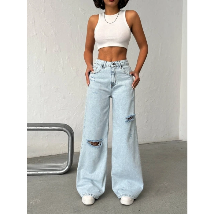 Açık Mavi Yırtık Detaylı Wide Leg Jean Pantolon