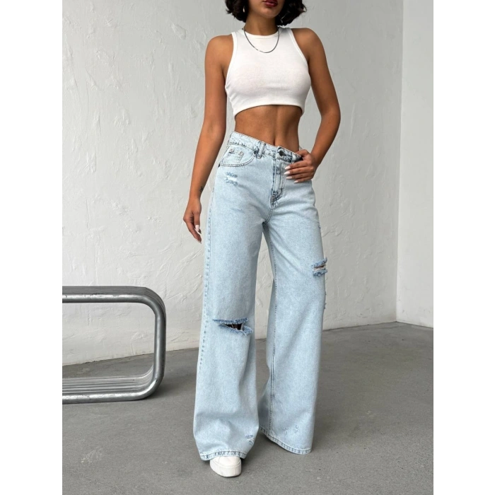 Açık Mavi Yırtık Detaylı Wide Leg Jean Pantolon